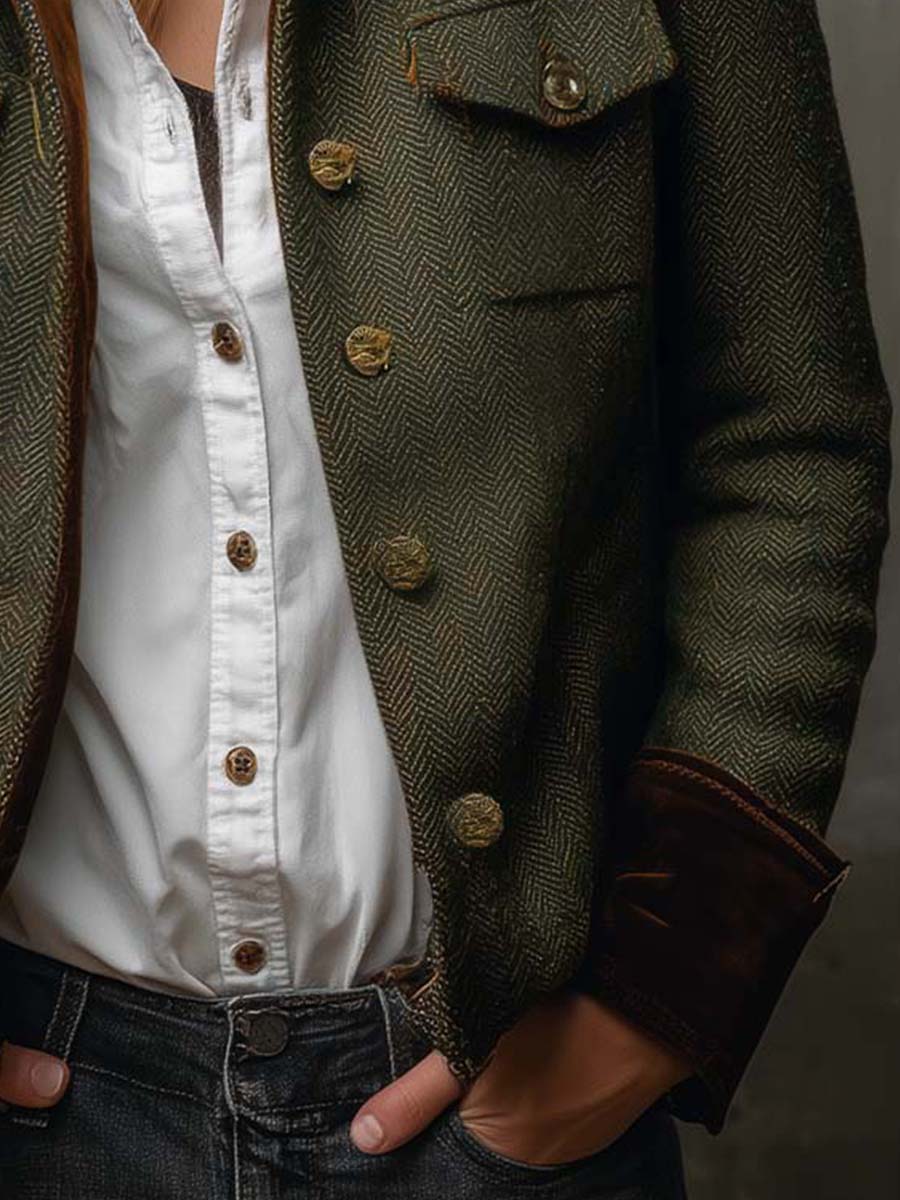 Honorine | Blazer Vintage Chevron con Bordes Contrastantes