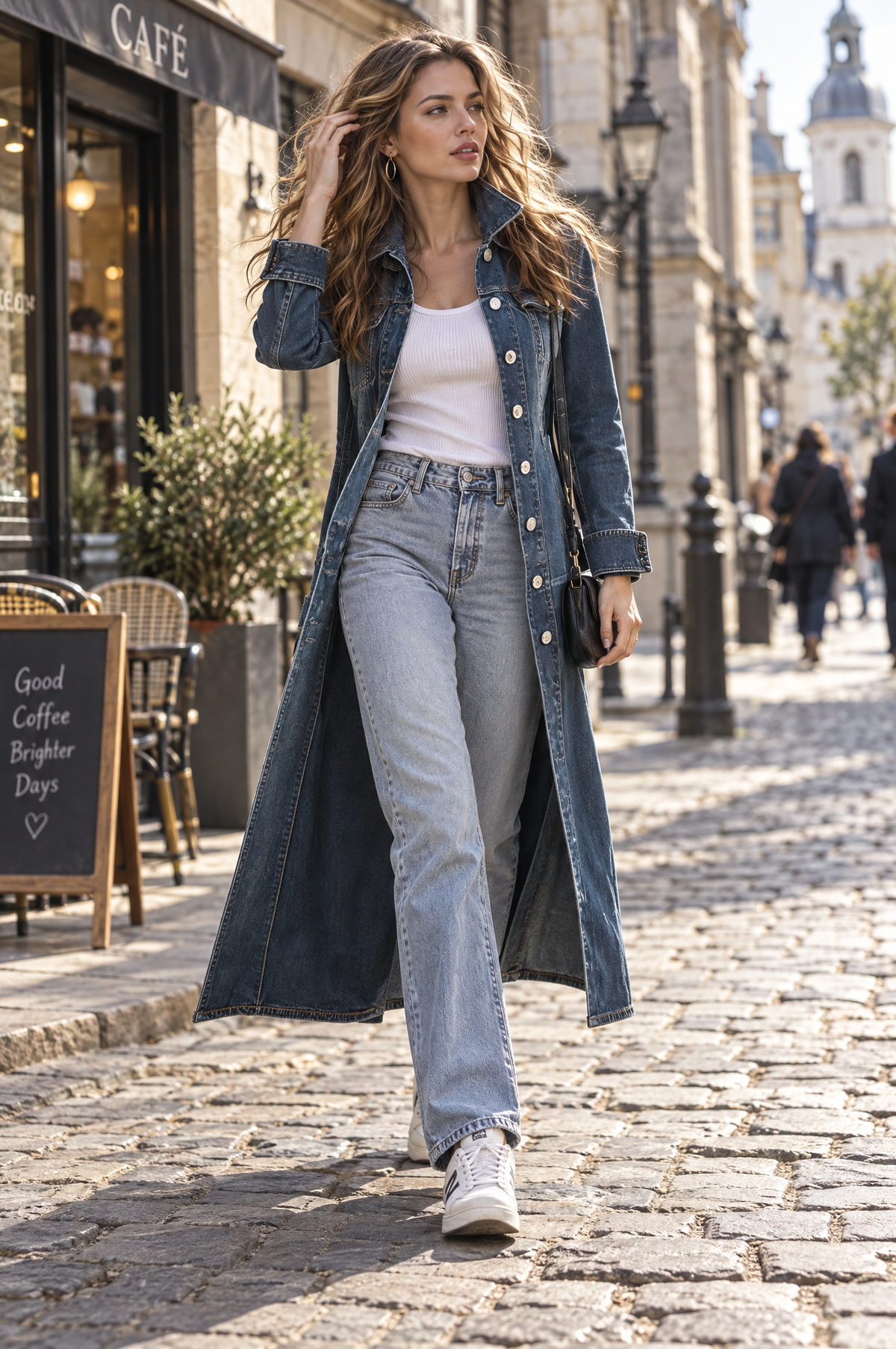 Gabardina Larga Boho de Mezclilla Desgastada con Cuello Estructurado