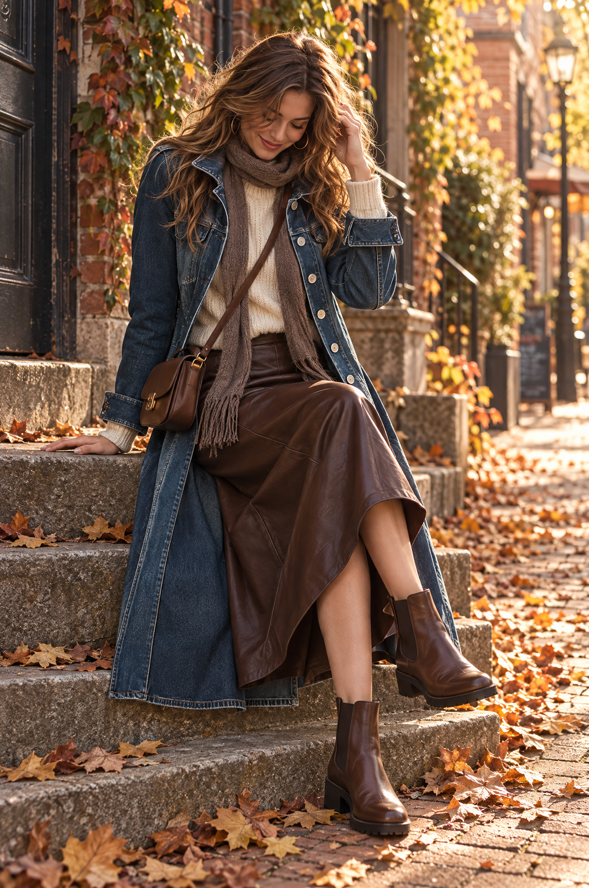 Gabardina Larga Boho de Mezclilla Desgastada con Cuello Estructurado