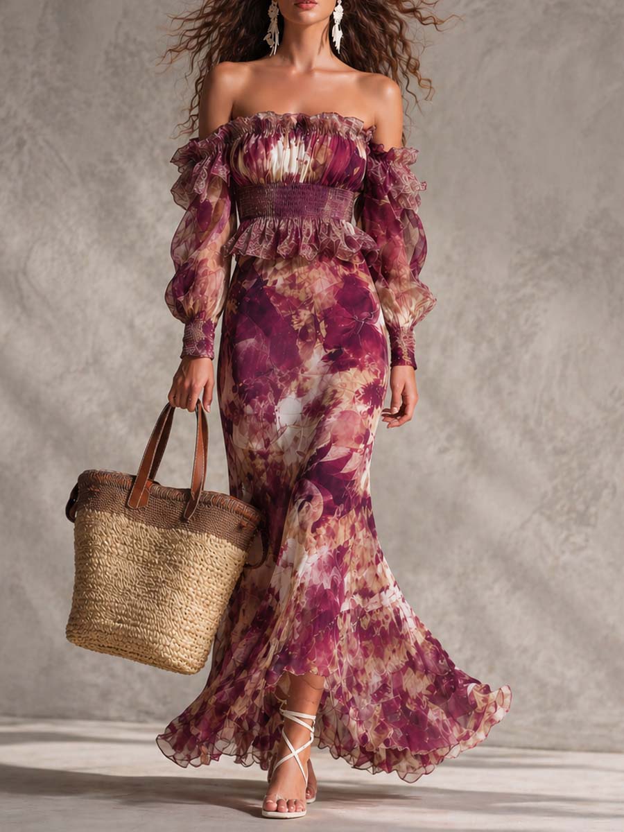 Vestido largo de gasa rosa con hombros descubiertos