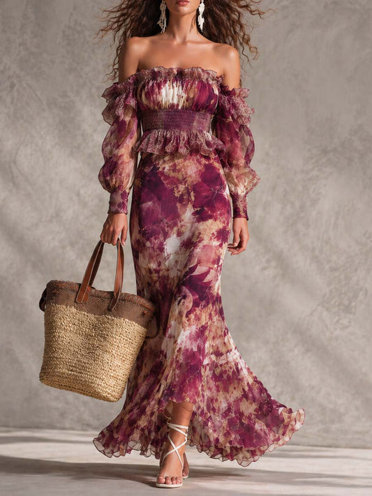 Vestido largo de gasa rosa con hombros descubiertos