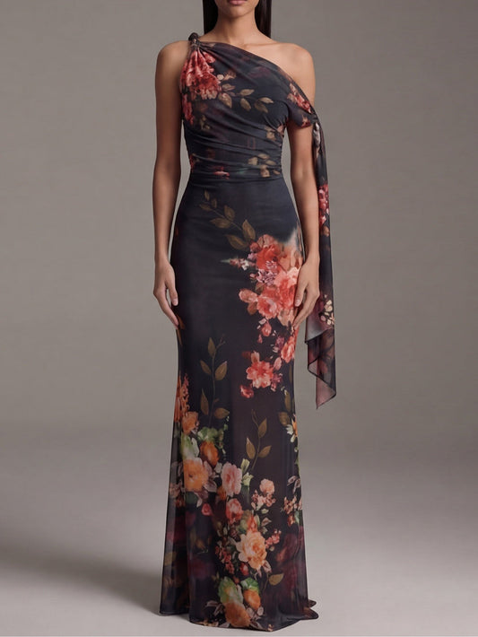 Vestido largo plisado negro de un solo hombro