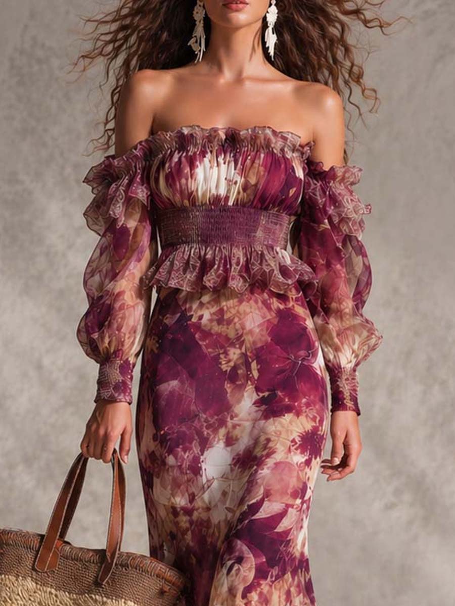 Vestido largo de gasa rosa con hombros descubiertos
