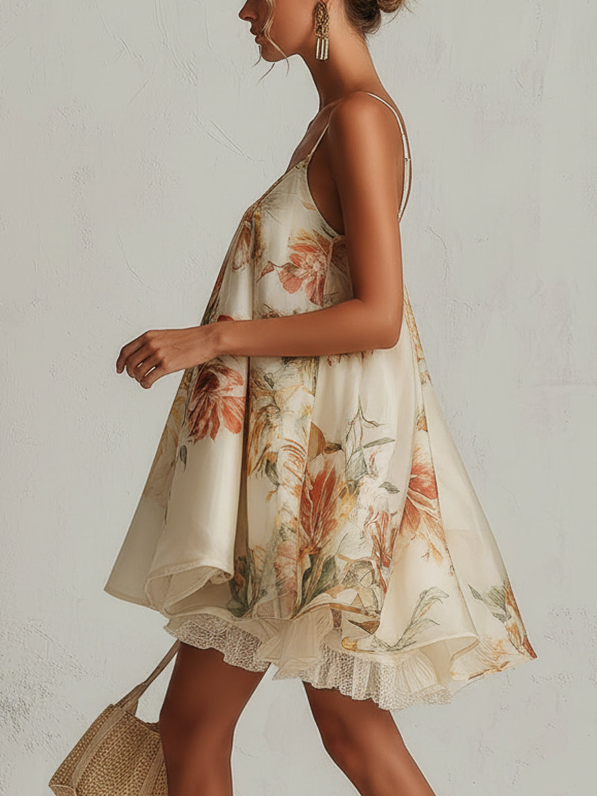 Liliana | Vestido Corto de Organza Beige con Estampado Floral y Encaje