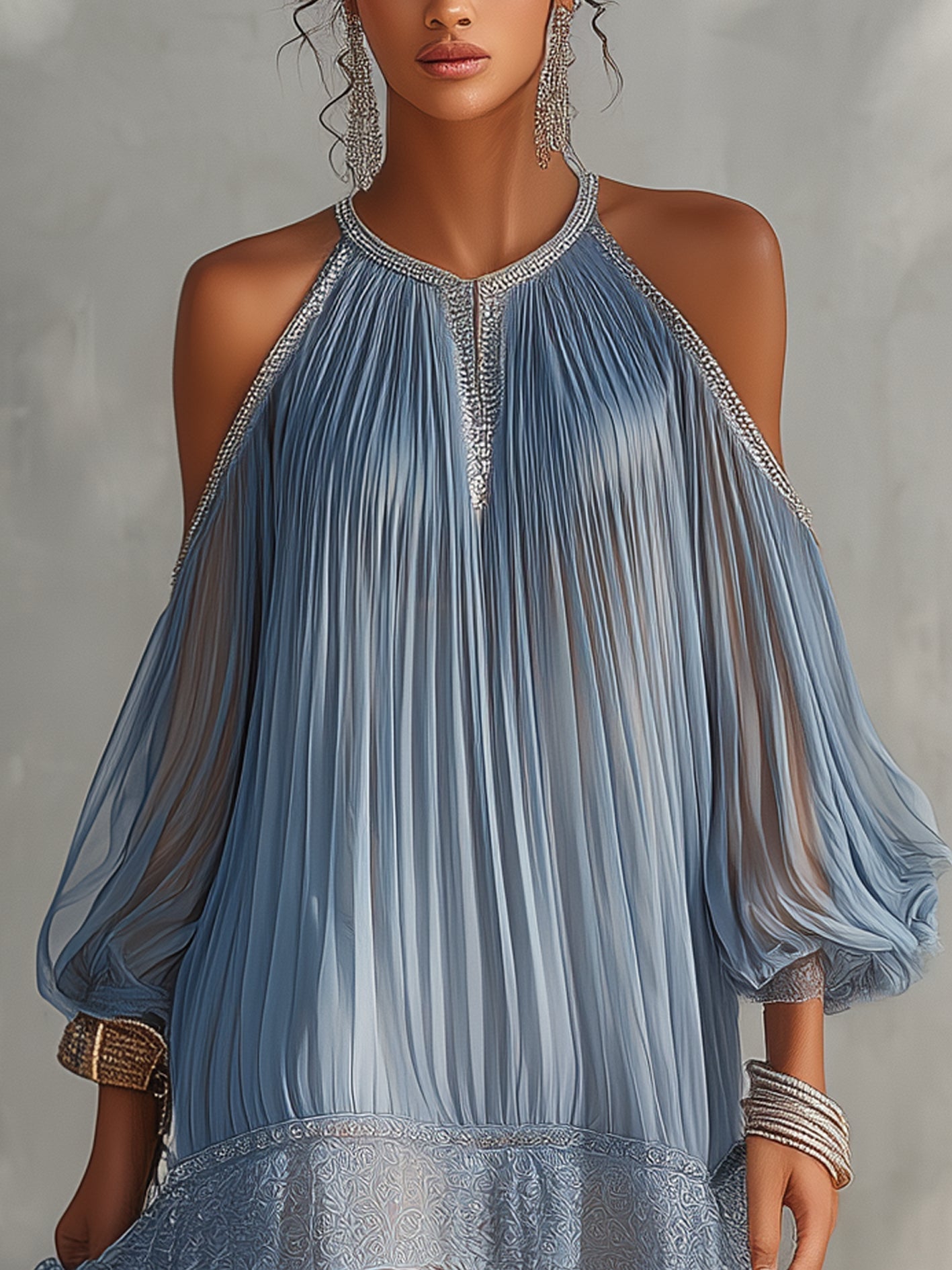 Celeste | Minivestido Azul con Hombros Descubiertos y Bajo de Encaje
