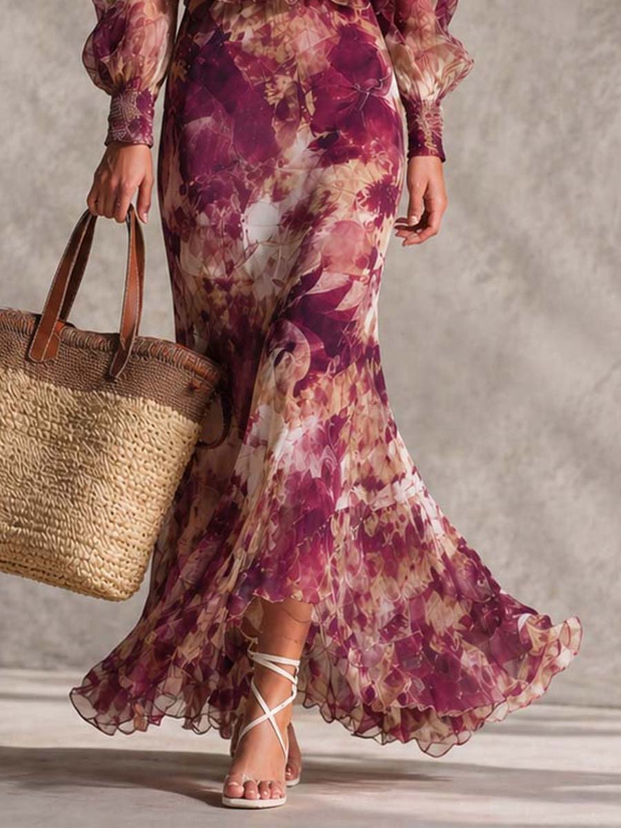 Vestido largo de gasa rosa con hombros descubiertos