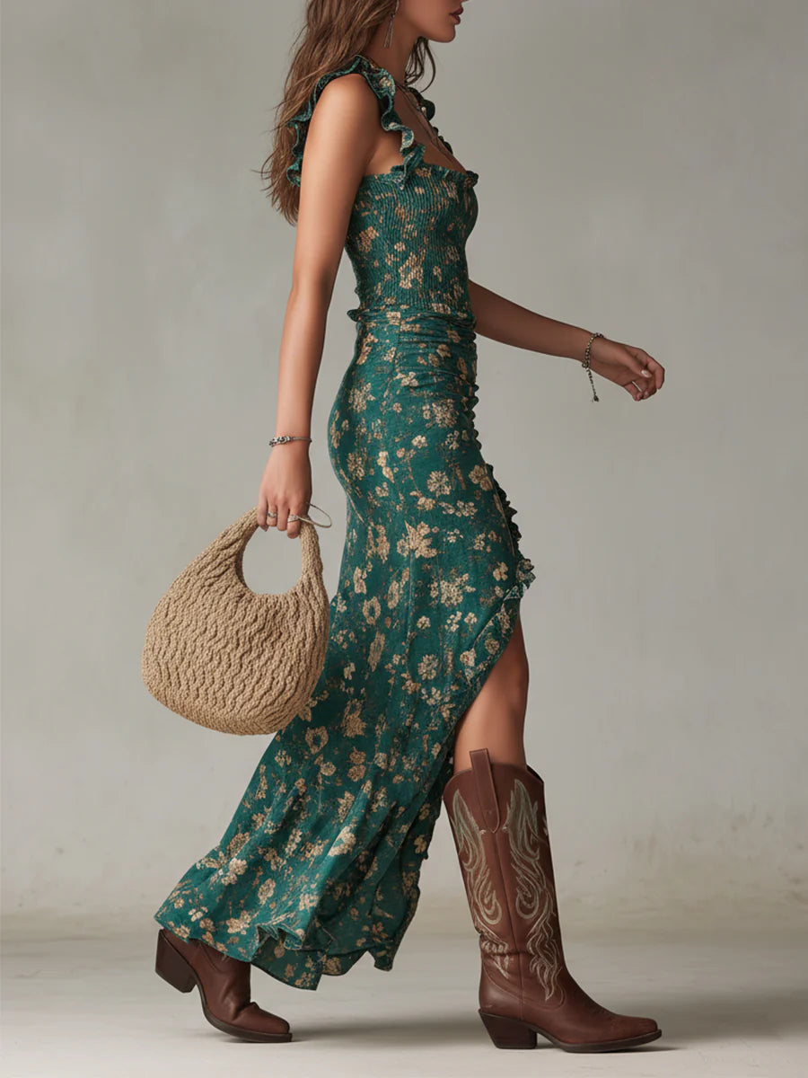 Vestido largo estampado verde bohemio con mangas de volante