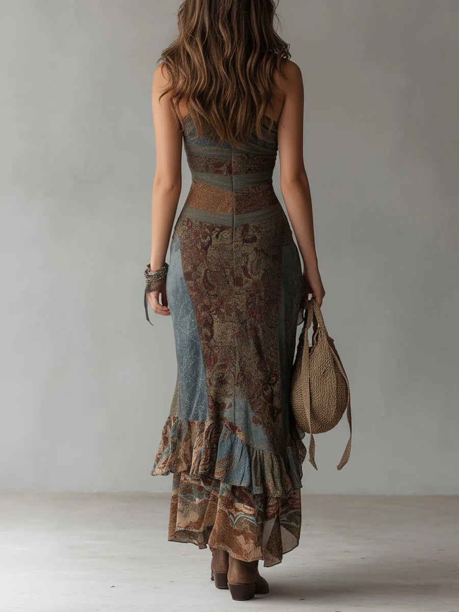 Vestido largo con estampado étnico y hombro descubierto