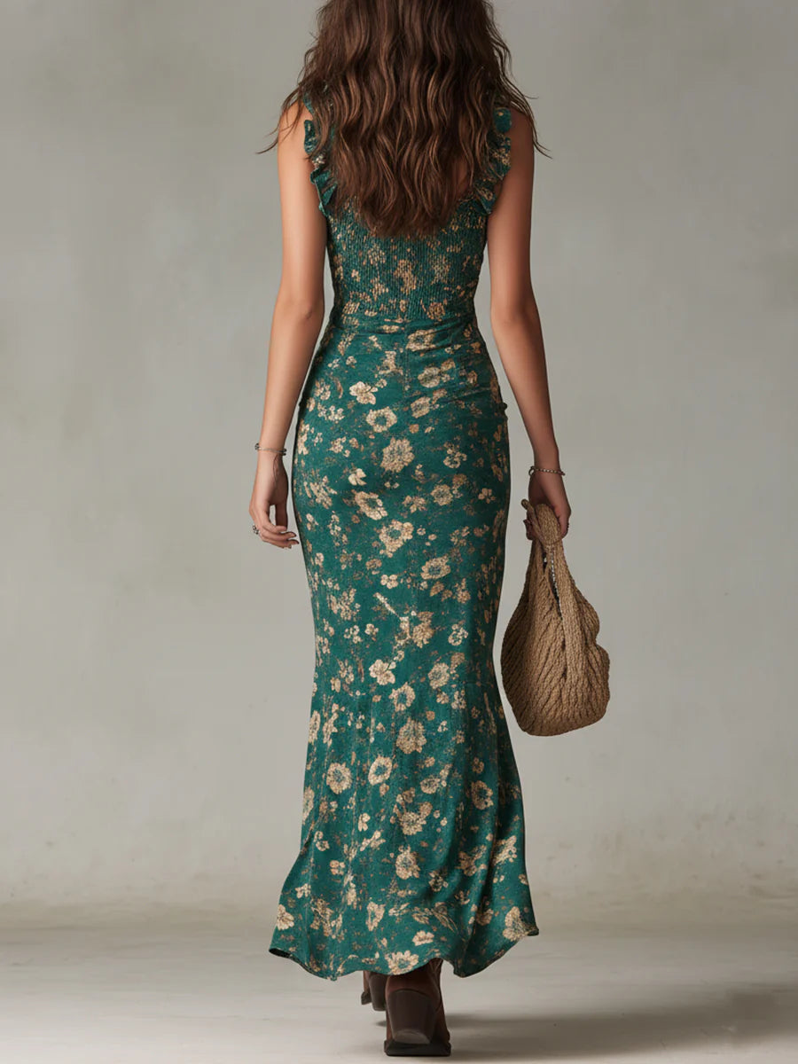 Vestido largo estampado verde bohemio con mangas de volante