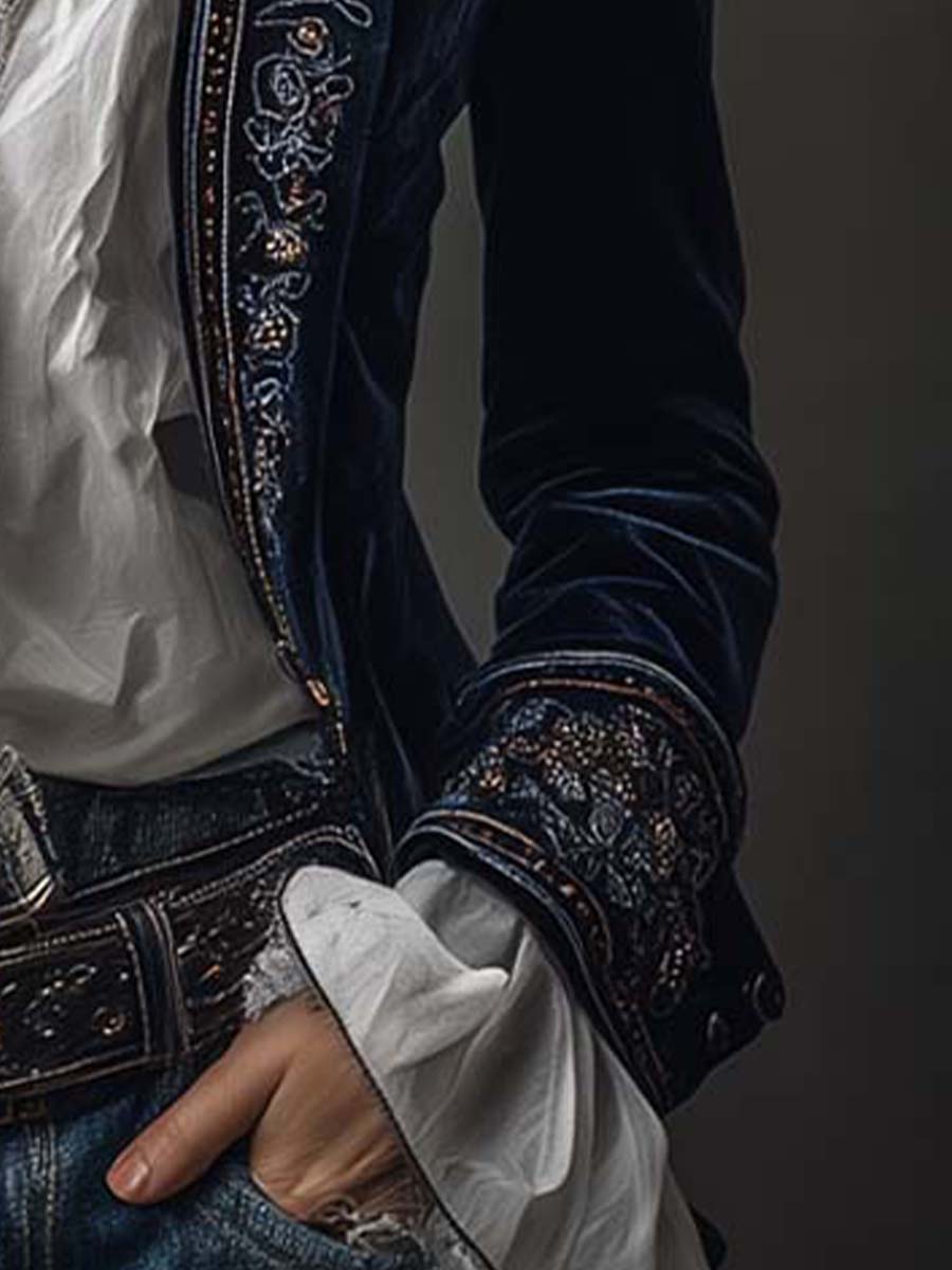 Athénaïs | Chamarra Larga Bordada Vintage Azul Marino