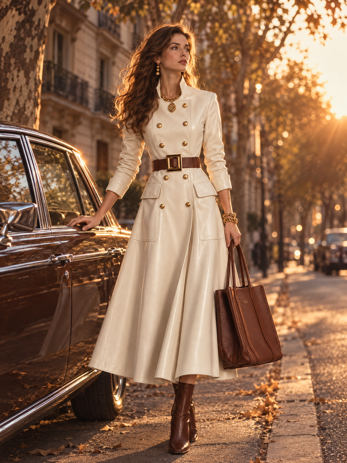 Vestido Abrigo Marfil Refinado con Cinturón y Doble Botonadura