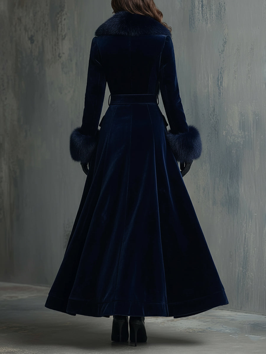 Abrigo Midi Elegante de Terciopelo con Cuello de Piel Sintética