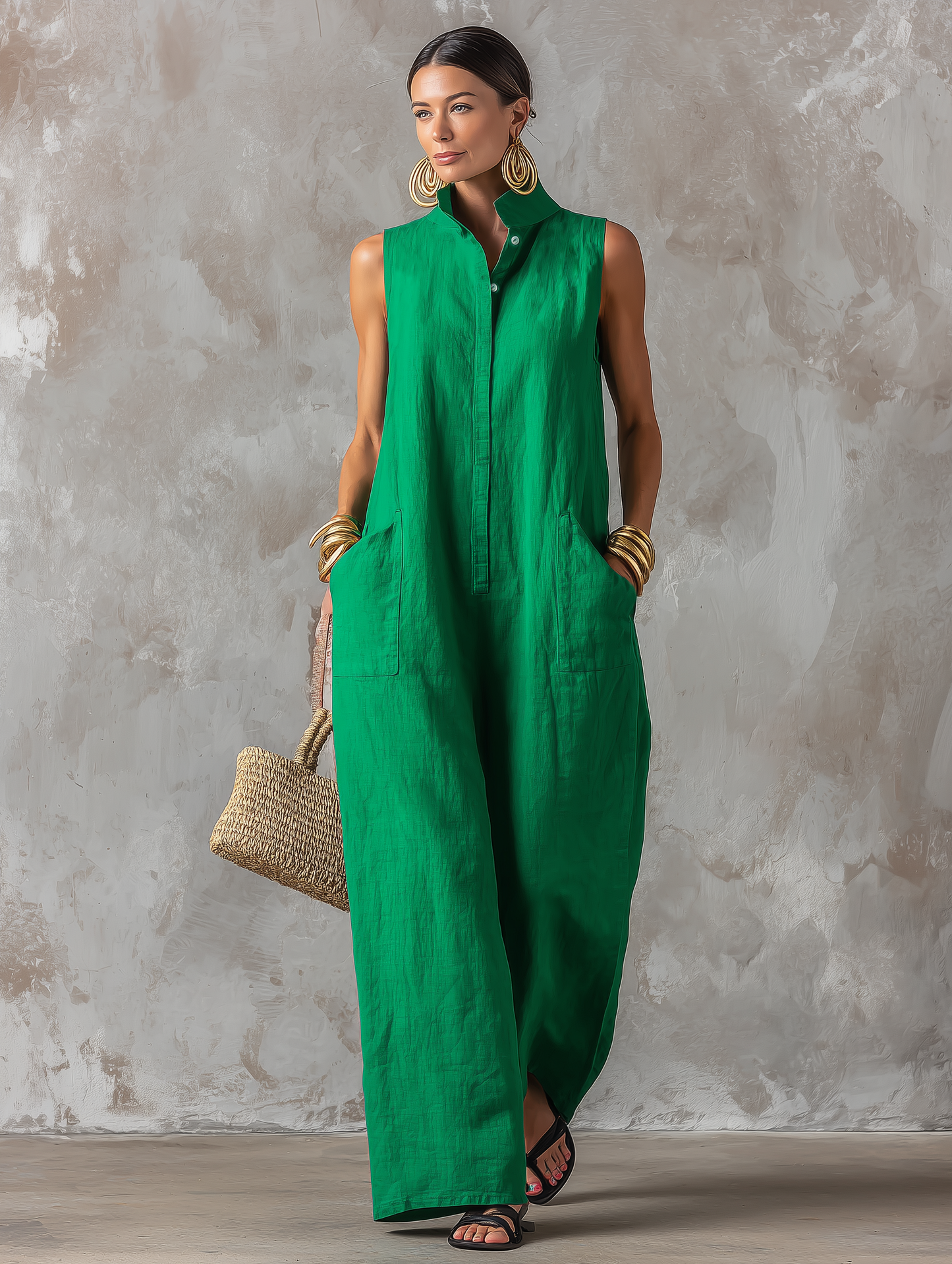 Jerline™ Sleeveless Maxi Jumpsuit Wide Leg Style with Front Pockets