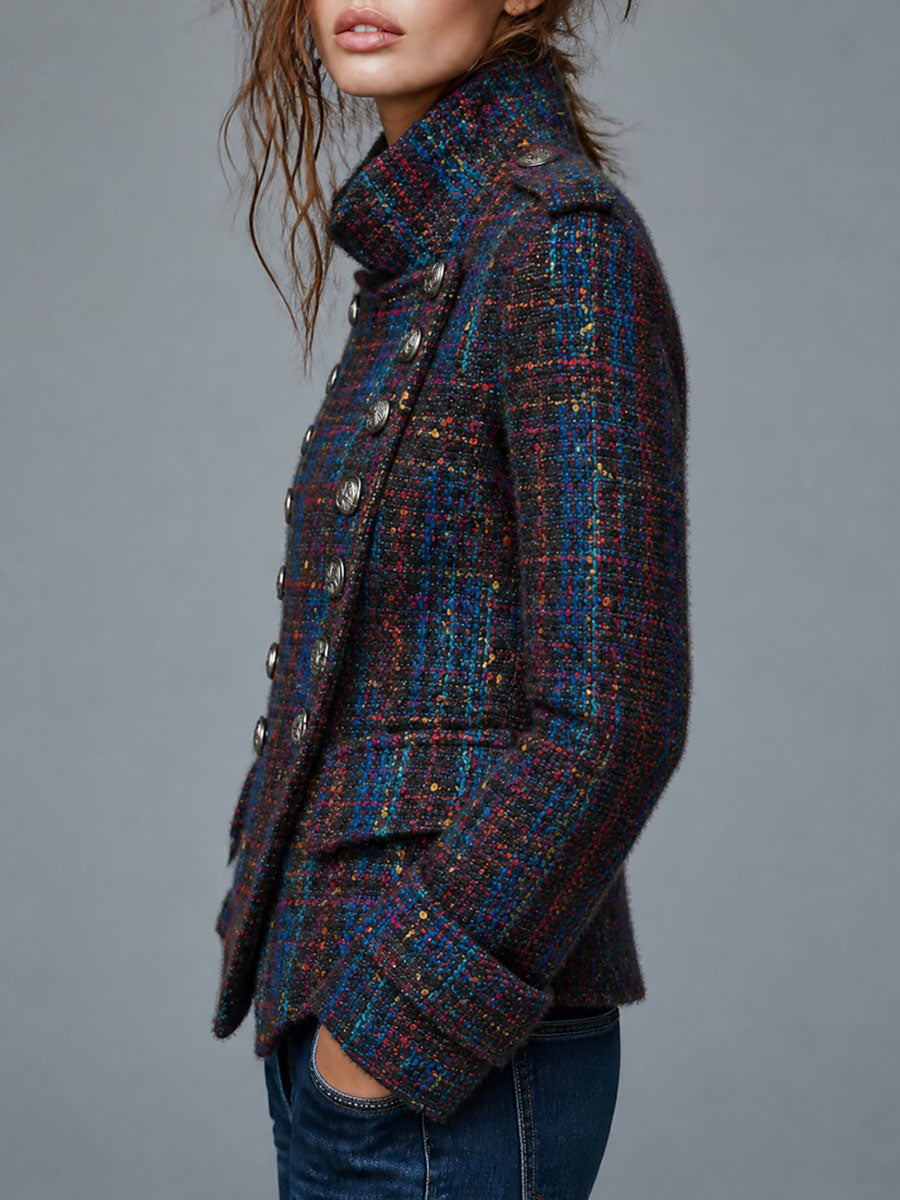 Abrigo Retro de Tweed Estilo Militar con Doble Botonadura y Botones Metálicos