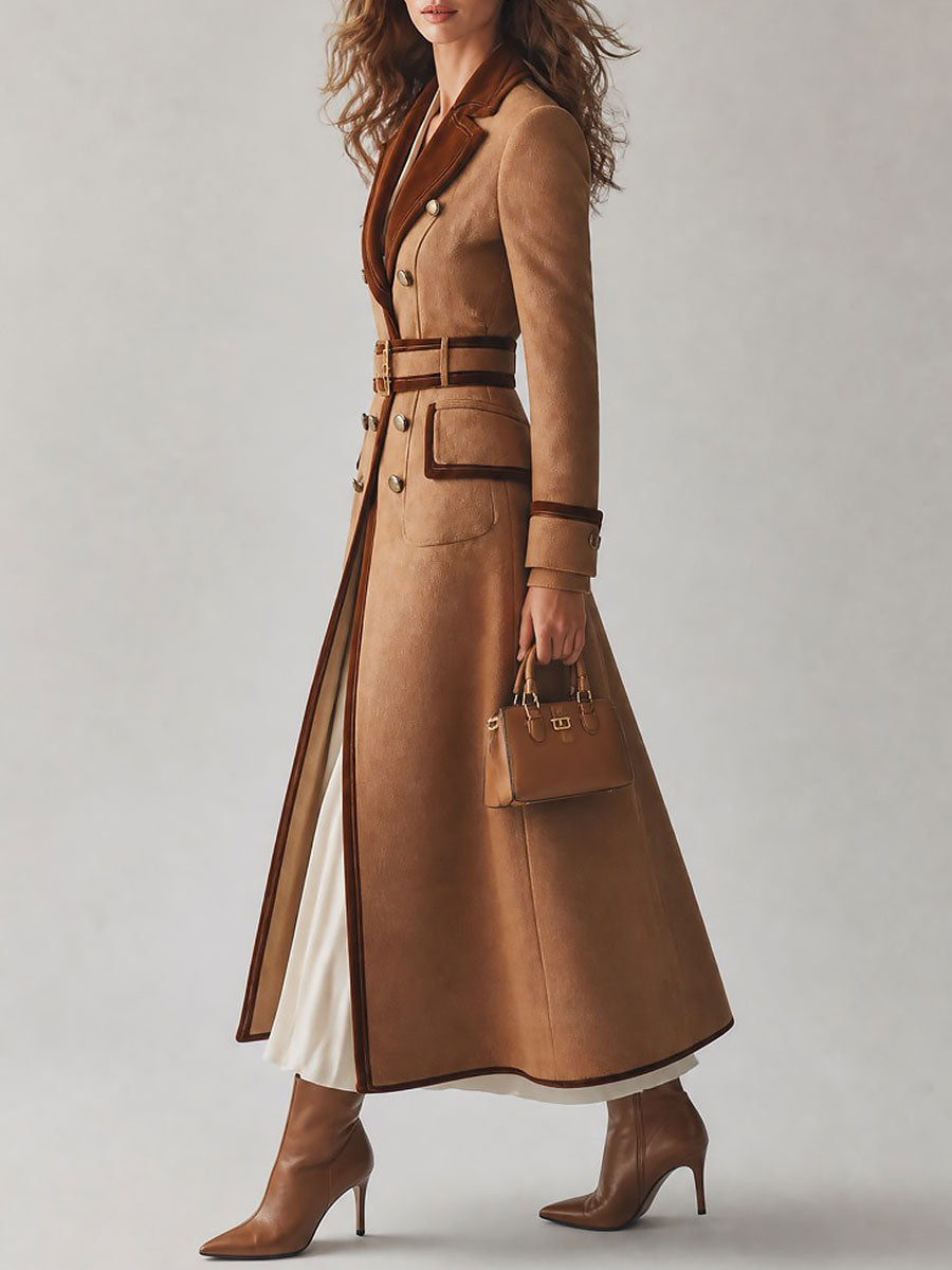 Abrigo de Lana Elegante con Doble Botonadura, Cinturón y Ribete de Terciopelo