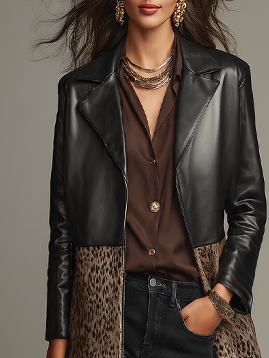 Abrigo Largo Negro con Paneles de Leopardo Estilo Atrevido