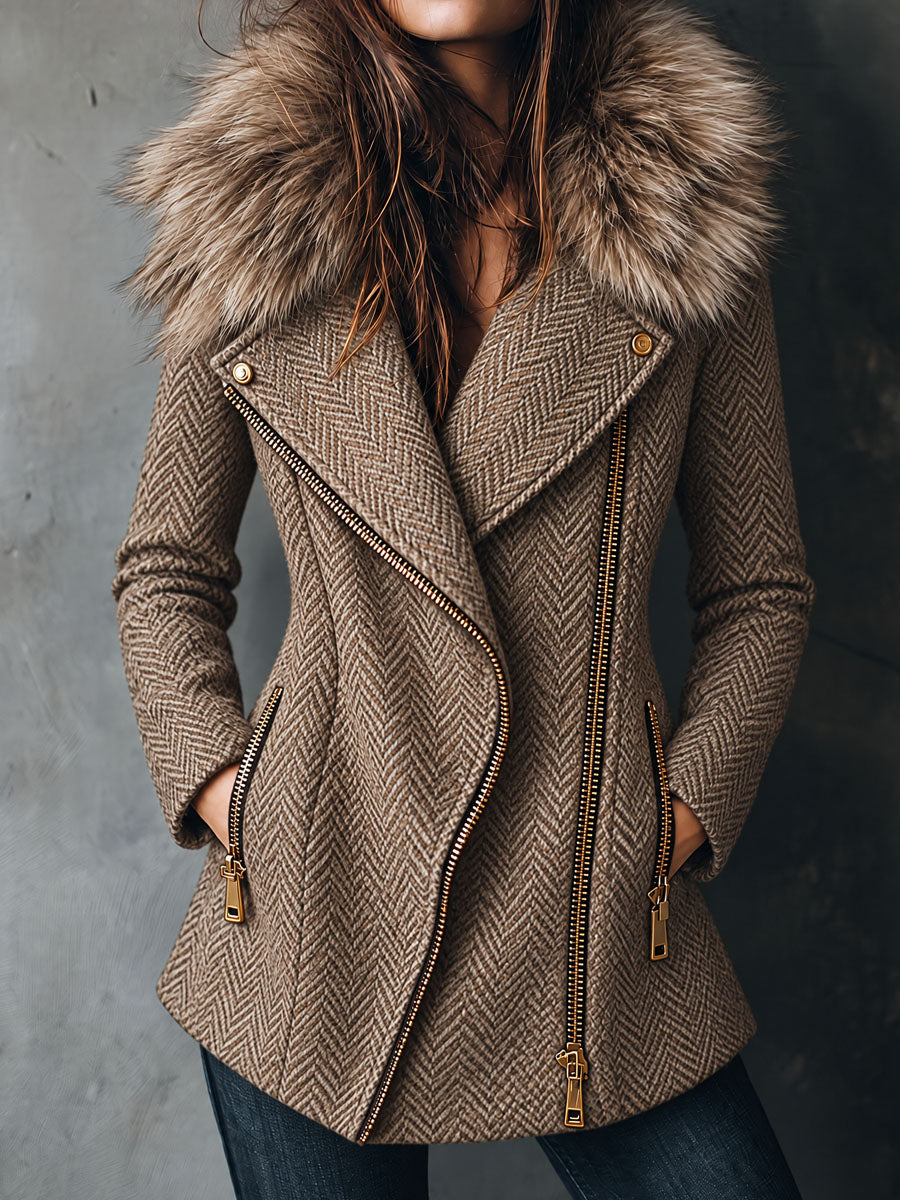 Abrigo Oversize Retro de Tweed Espiga con Cuello de Piel Sintética y Cierre Asimétrico