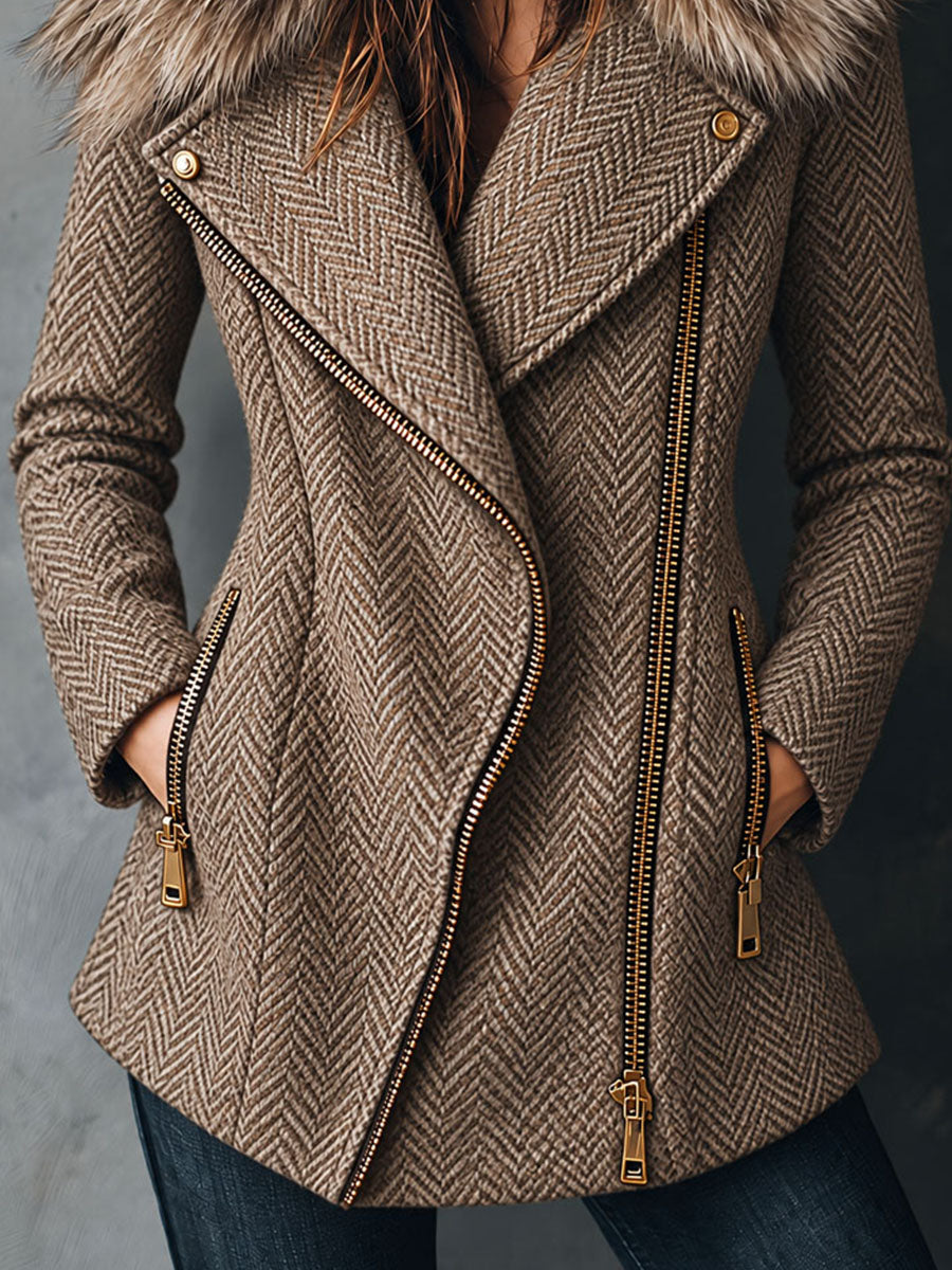 Abrigo Oversize Retro de Tweed Espiga con Cuello de Piel Sintética y Cierre Asimétrico