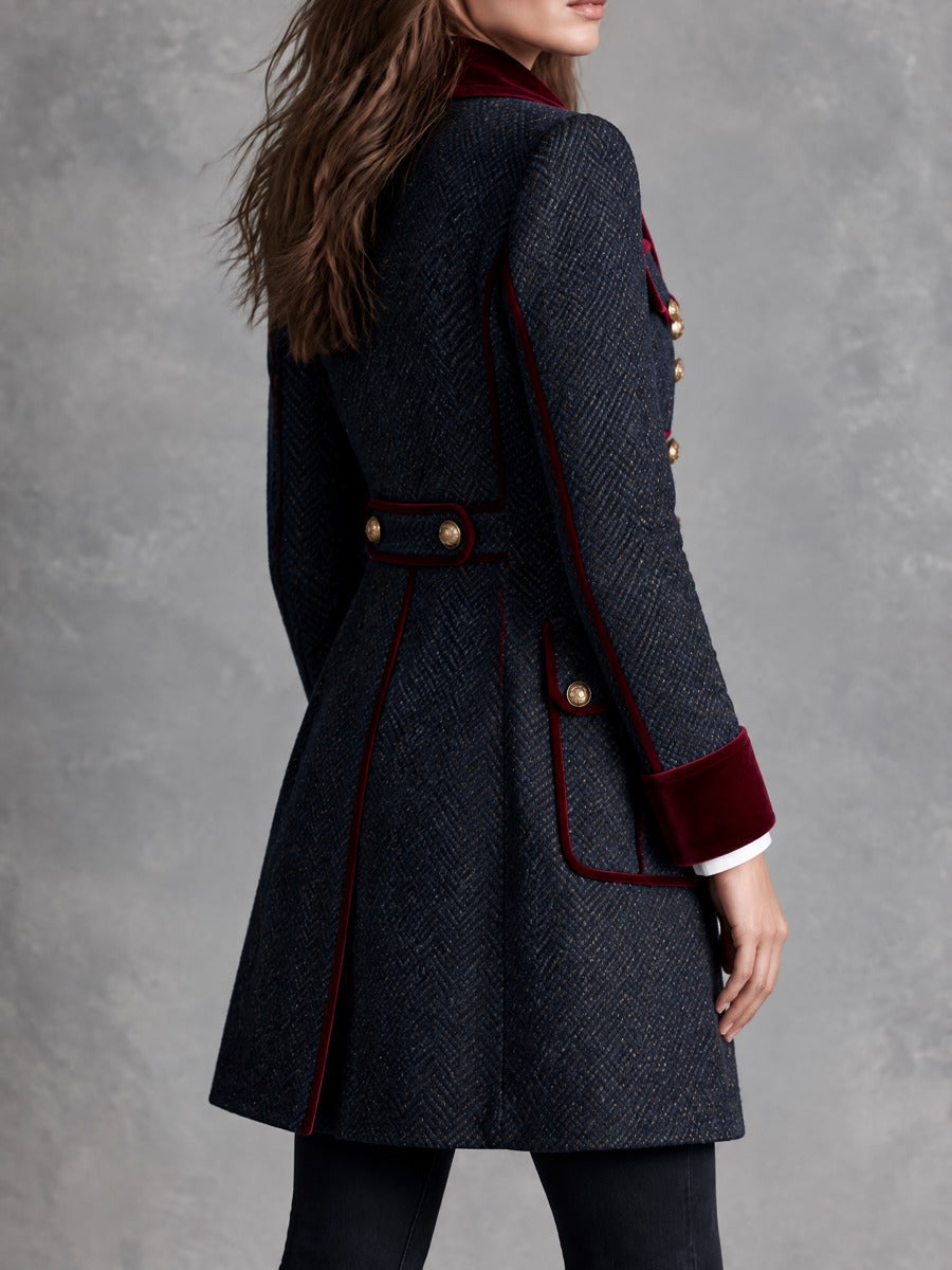 Chamarra Vintage de Tweed Azul Marino con Vivo de Terciopelo Vino y Botones