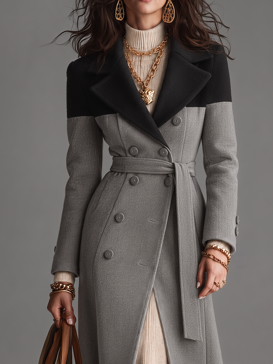 Abrigo Maxi Elegante Gris por Bloques de Color con Cinturón y Doble Botonadura
