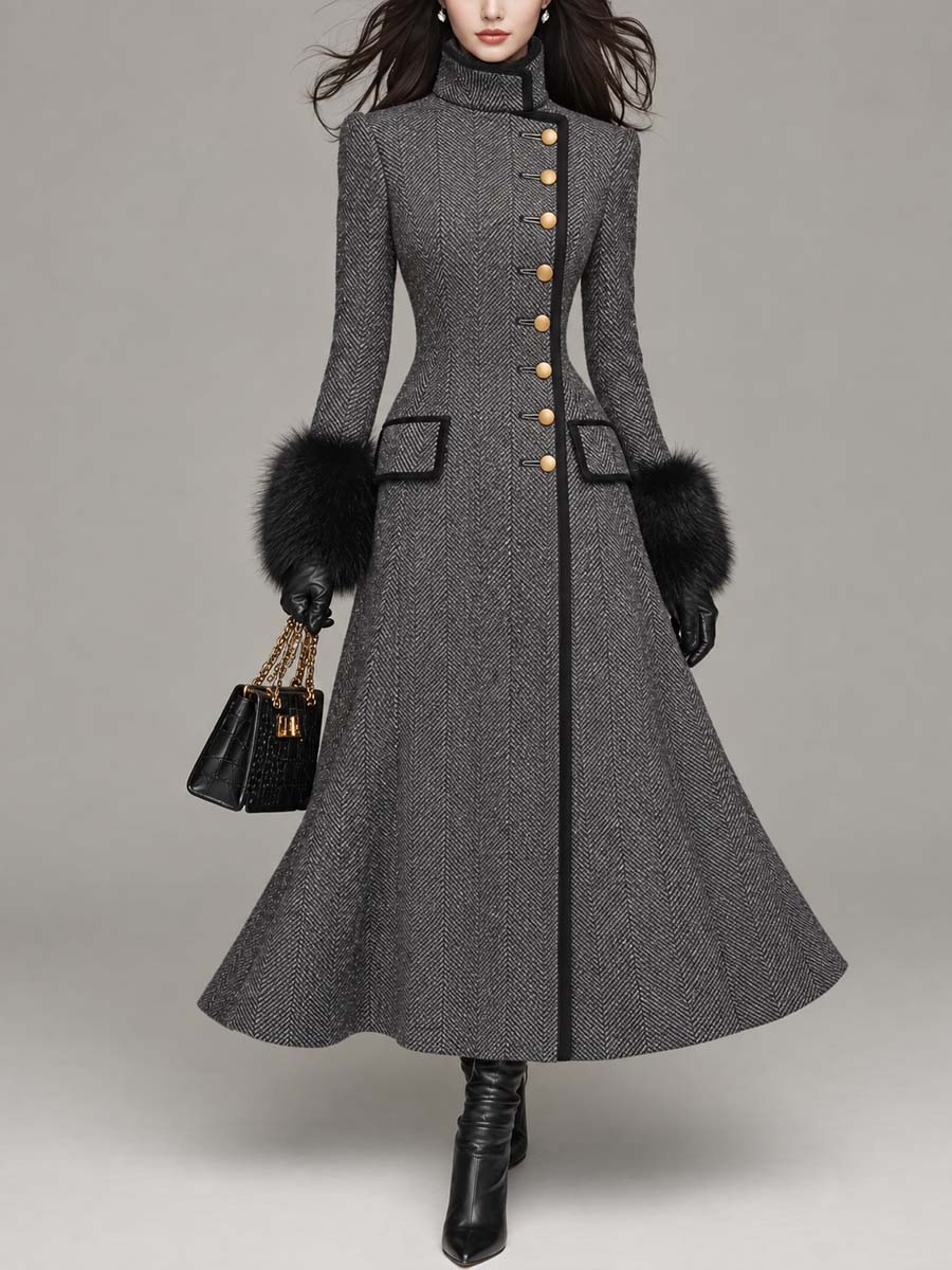 Abrigo Largo Estilo Vintage en Mezcla de Lana Espiga