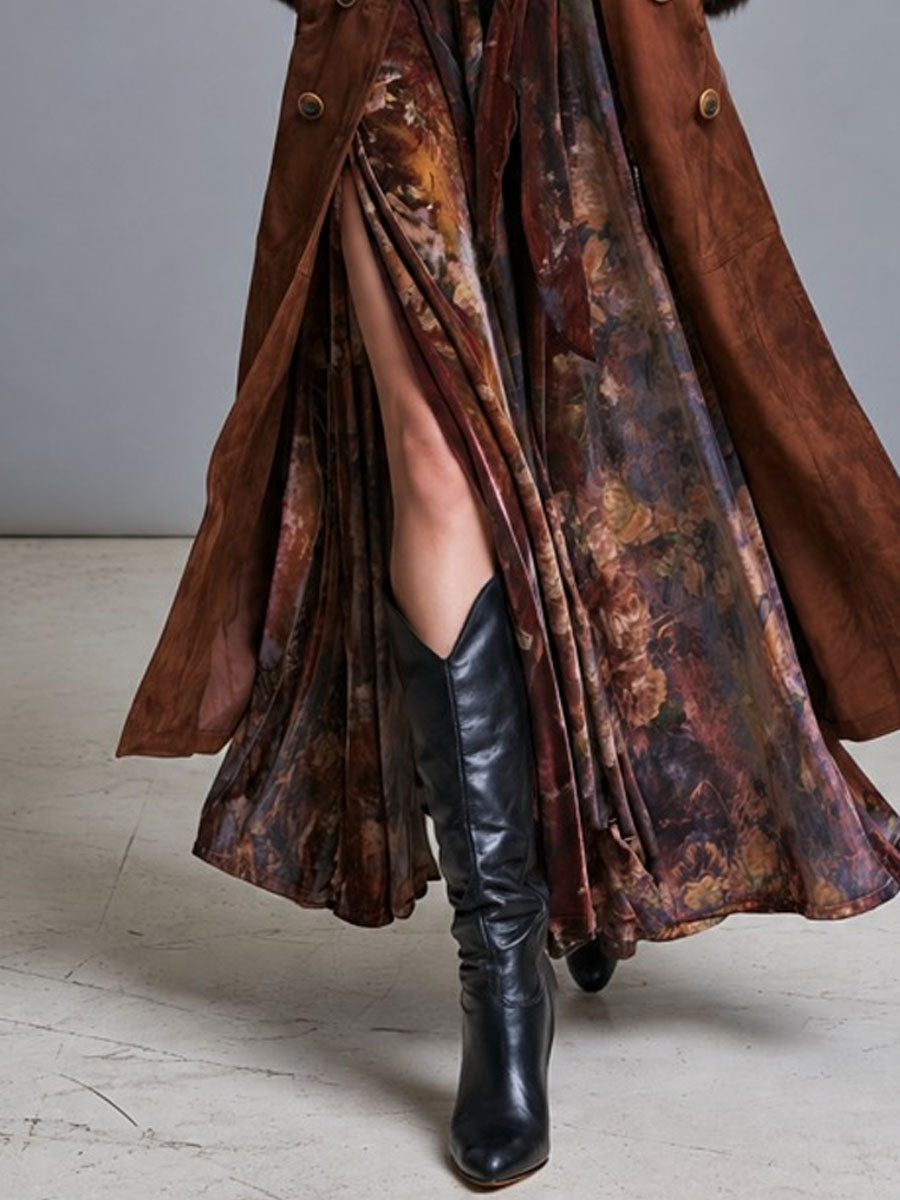 Gabardina Boho Western de Gamuza con Ribete de Piel y Doble Botón