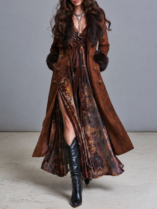 Gabardina Boho Western de Gamuza con Ribete de Piel y Doble Botón
