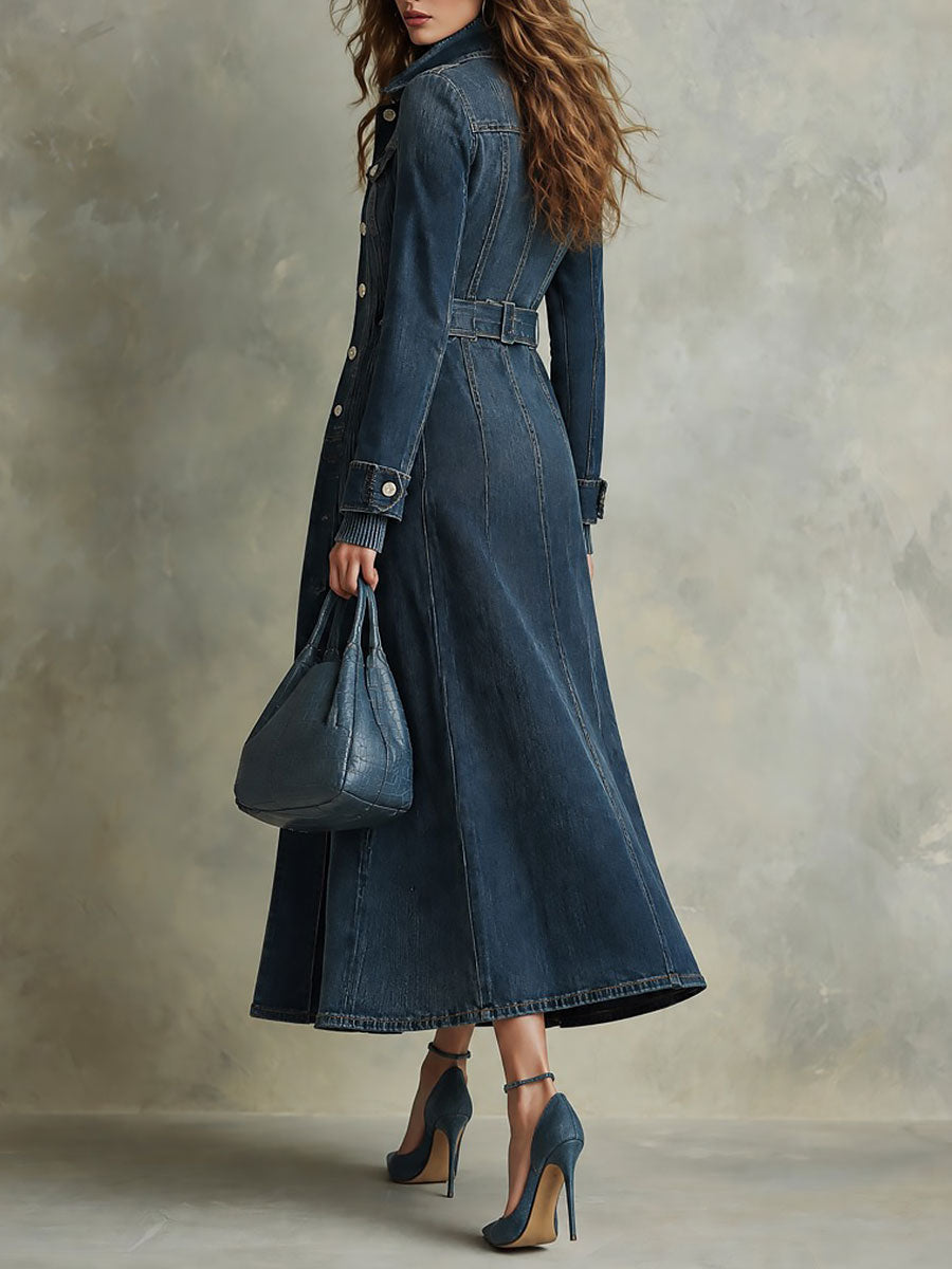 Gabardina Larga Boho de Mezclilla Desgastada con Cuello Estructurado
