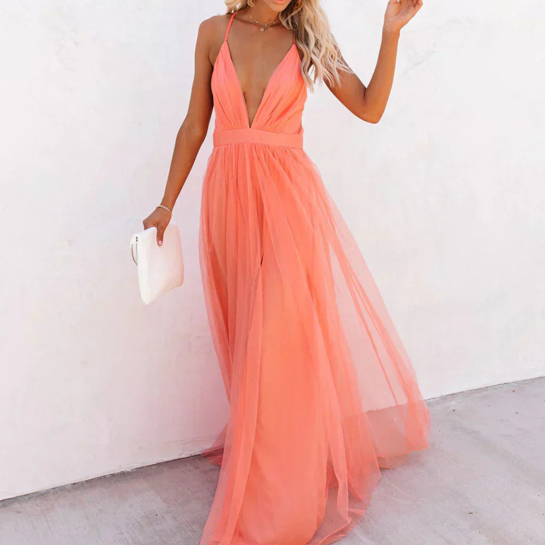 Genevieve | Vestido Largo Resplandor Coral