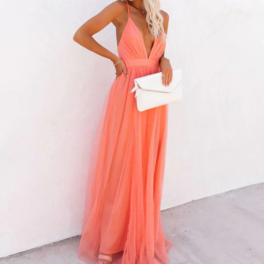 Genevieve | Vestido Largo Resplandor Coral