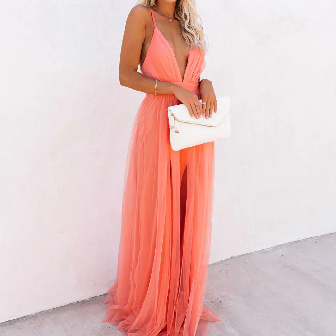 Genevieve | Vestido Largo Resplandor Coral