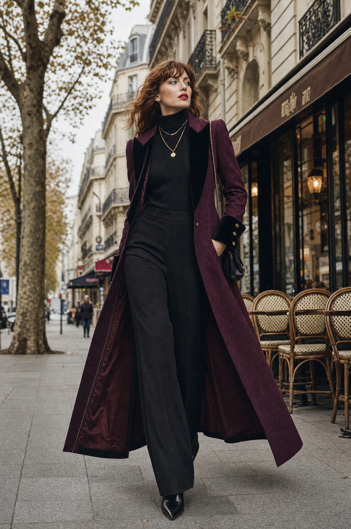 Abrigo Midi Entallado de Estilo Vintage en Lana con Solapas de Paneles de Terciopelo