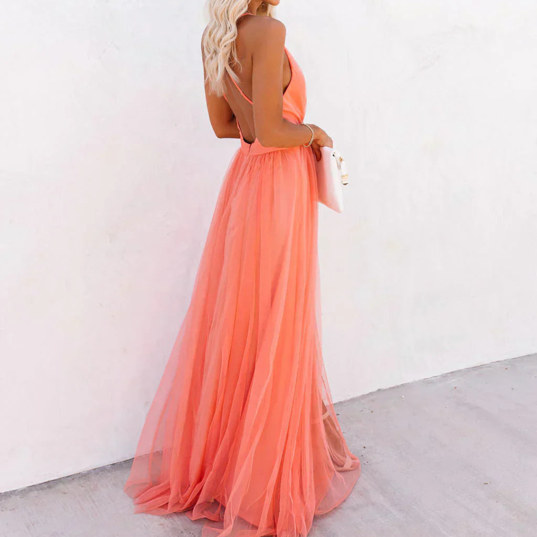 Genevieve | Vestido Largo Resplandor Coral