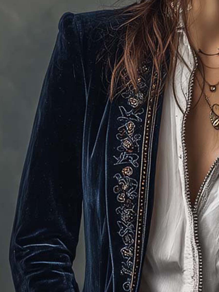 Athénaïs | Chamarra Larga Bordada Vintage Azul Marino