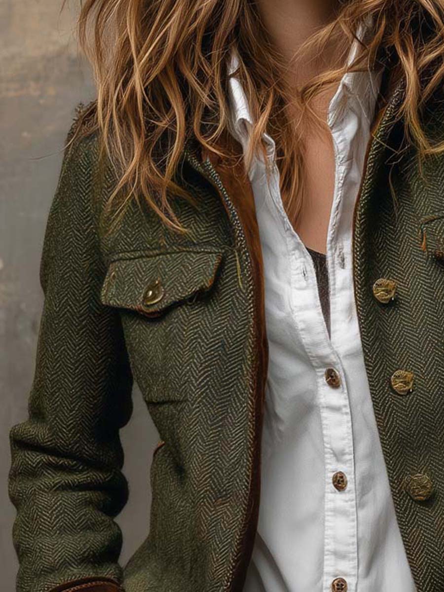 Honorine | Blazer Vintage Chevron con Bordes Contrastantes