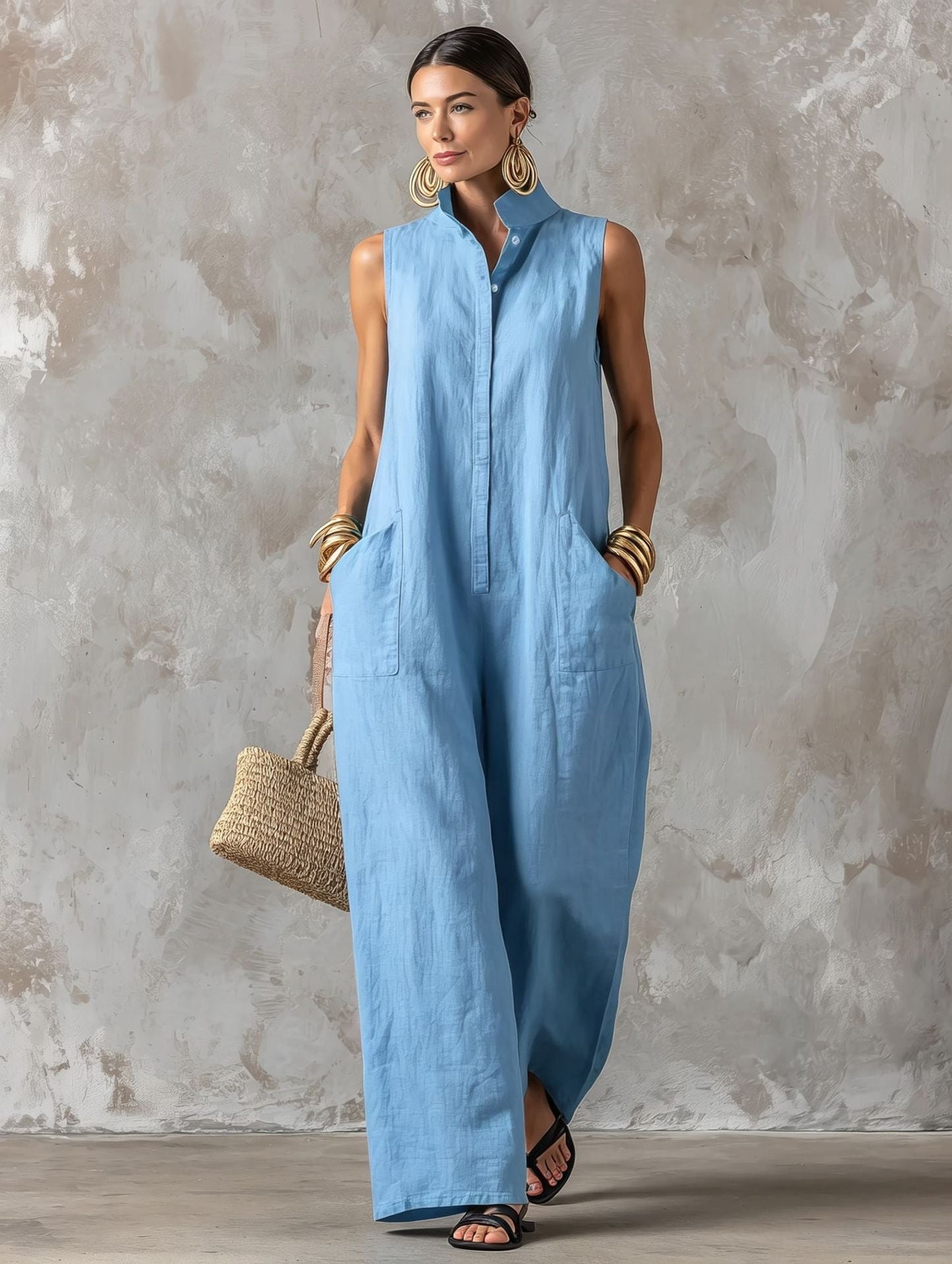 Jerline™ Sleeveless Maxi Jumpsuit Wide Leg Style with Front Pockets