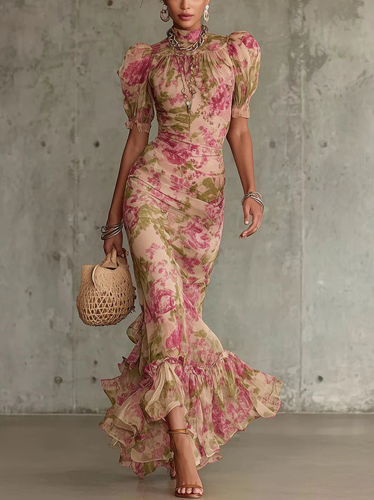 Vestido largo con estampado rosa vintage y mangas abullonadas