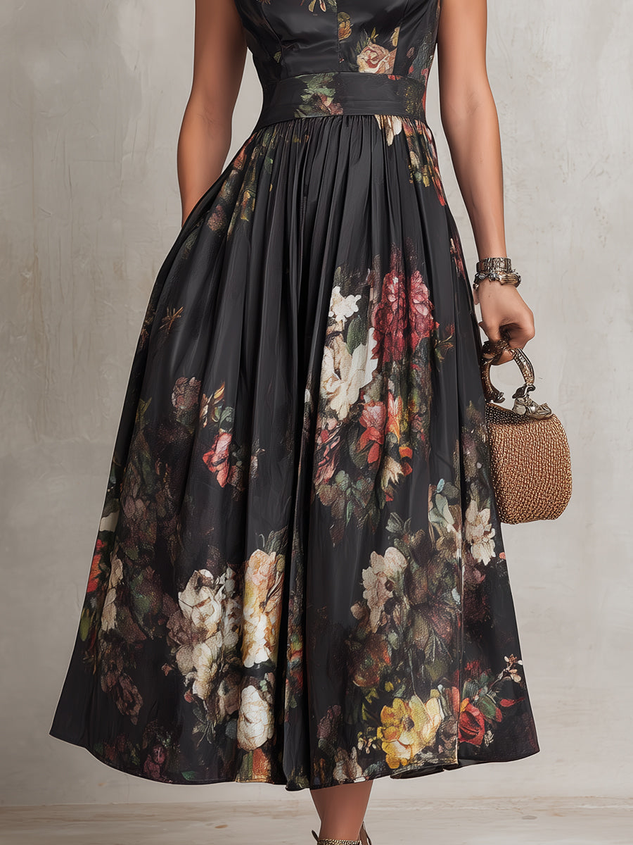 Vestido midi de satén plisado con escote de ojo de cerradura negro