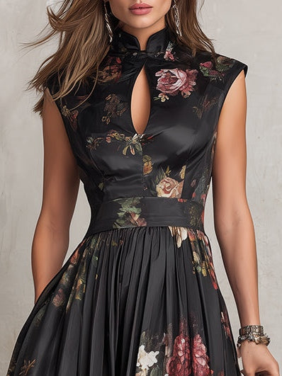 Vestido midi de satén plisado con escote de ojo de cerradura negro
