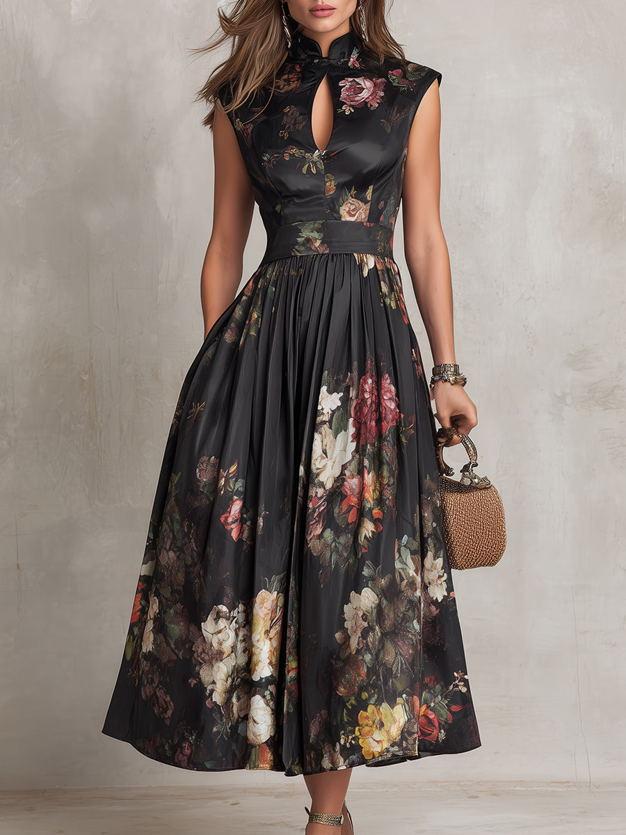 Vestido midi de satén plisado con escote de ojo de cerradura negro