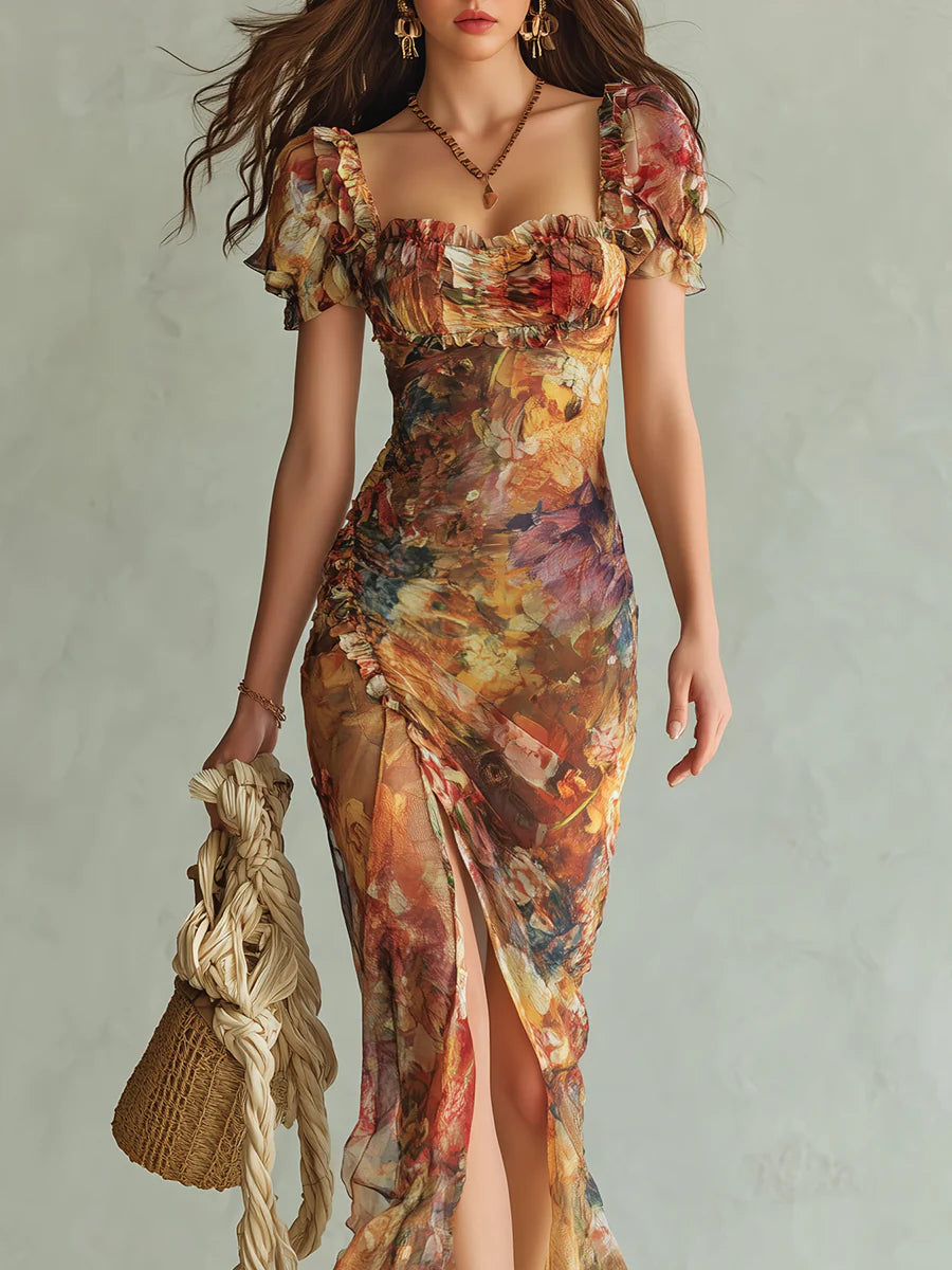 Vestido largo de gasa naranja con estampado al óleo