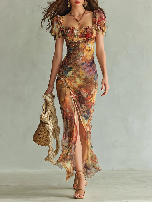 Vestido largo de gasa naranja con estampado al óleo