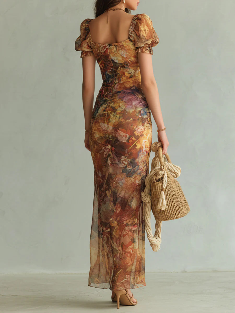 Vestido largo de gasa naranja con estampado al óleo