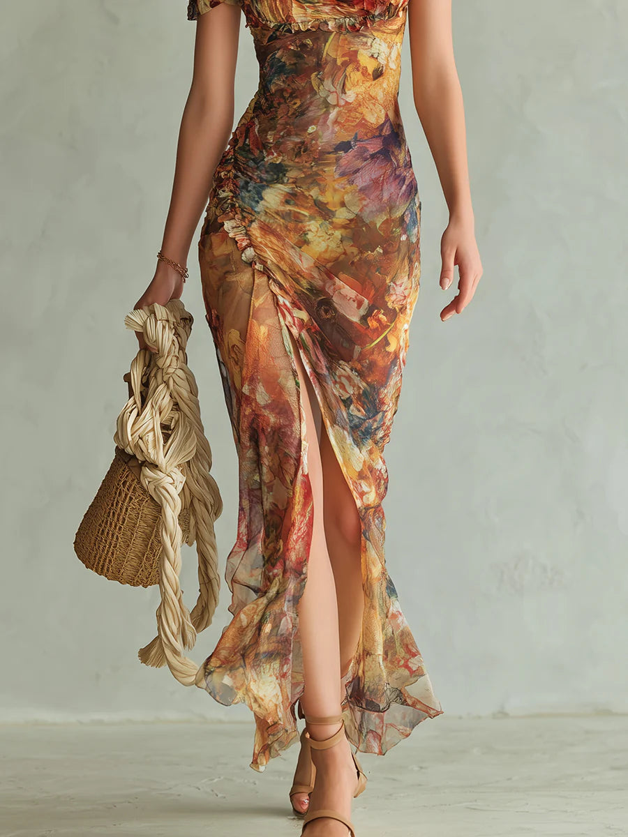 Vestido largo de gasa naranja con estampado al óleo