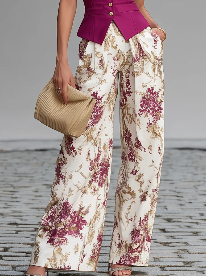 Conjunto de chaleco rosa y pantalón ancho de flores