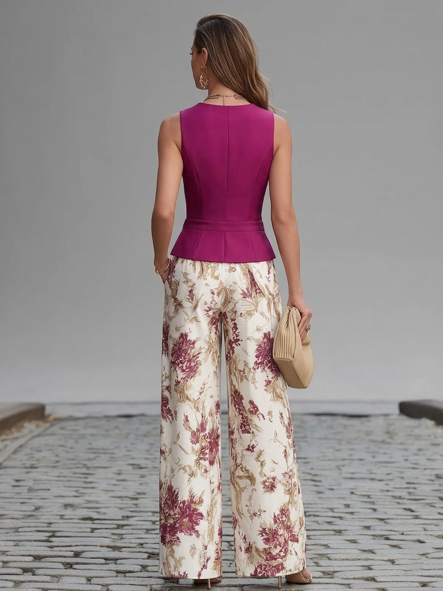 Conjunto de chaleco rosa y pantalón ancho de flores