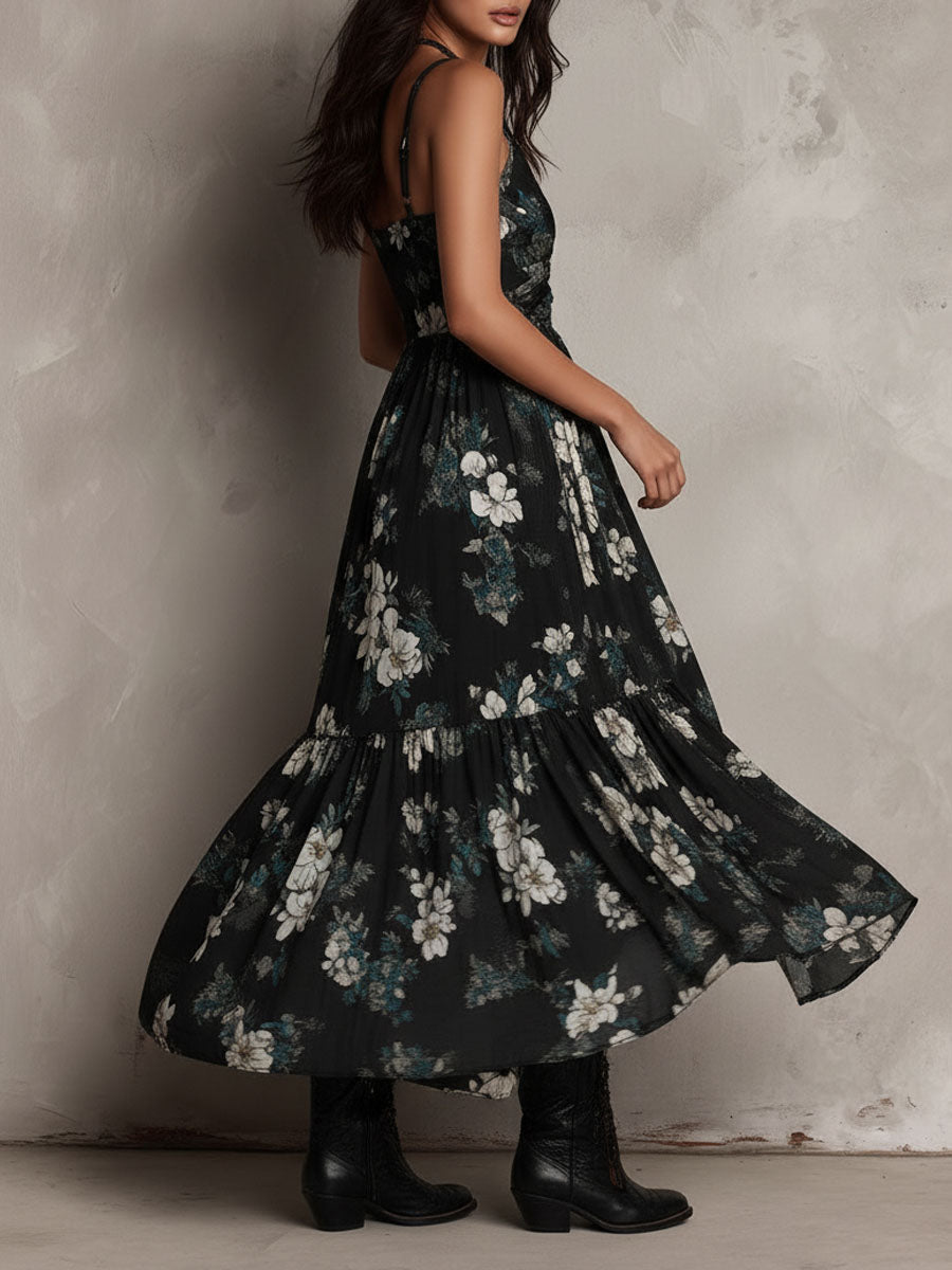 Vestido largo palabra de honor con estampado floral negro