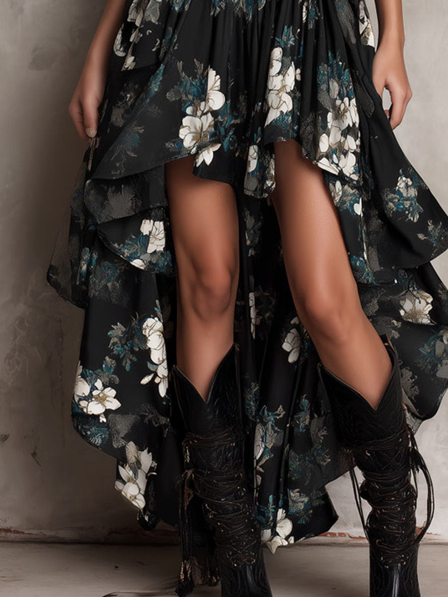 Vestido largo palabra de honor con estampado floral negro