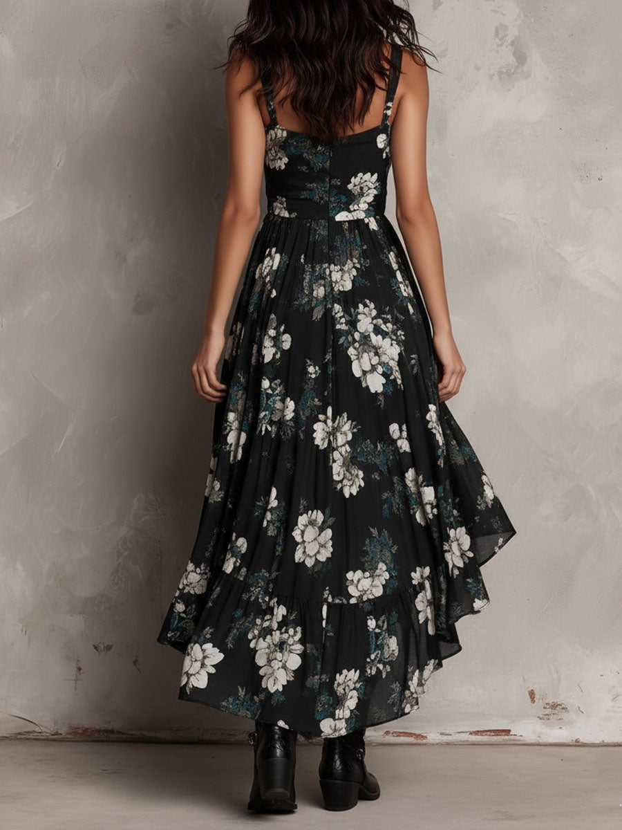 Vestido largo palabra de honor con estampado floral negro