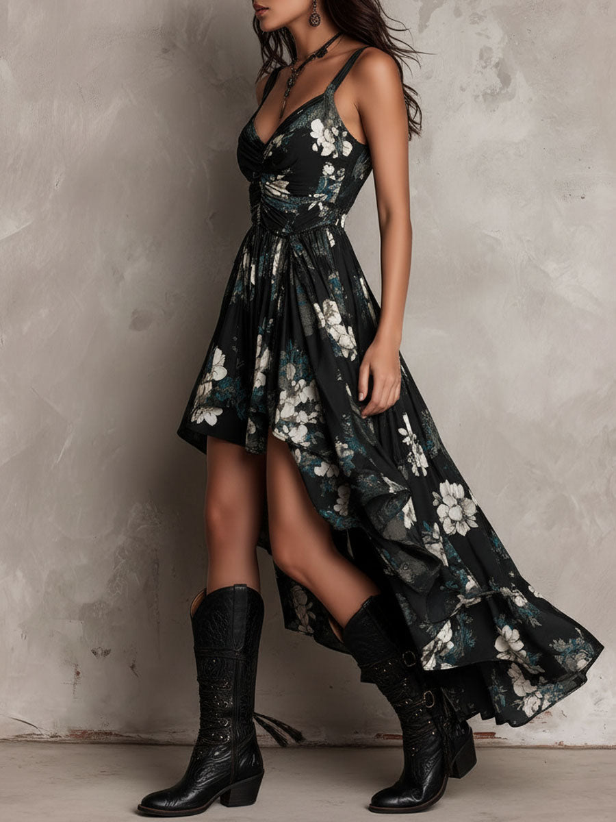 Vestido largo palabra de honor con estampado floral negro